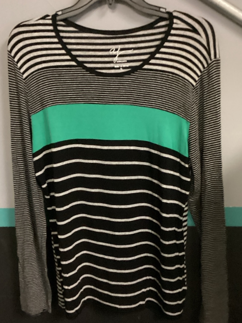 Andrea Jovine Black and White Striped Top with Teal Block